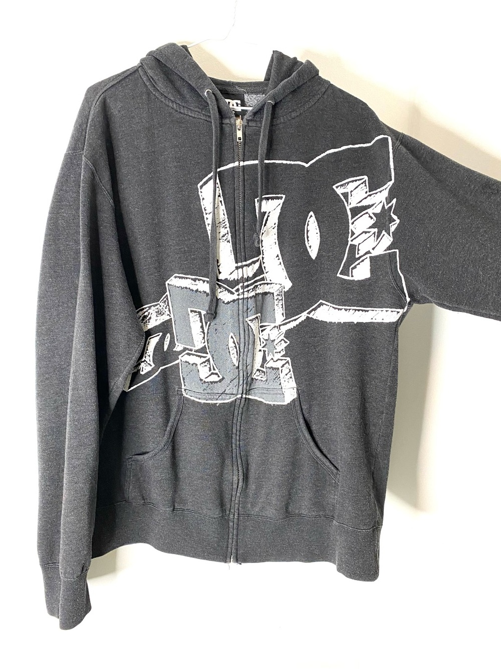 Vintage DC Grey Zip-Up Hoodie Shadow Logo Drawstring Hood Streetwear Sweatshirt